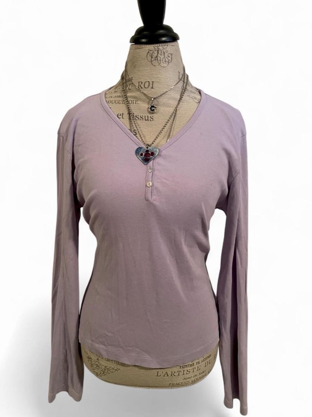 Anne Klein • Y2K 100%Cotton Henley style Lavender long sleeve blouse • SIZE - L
